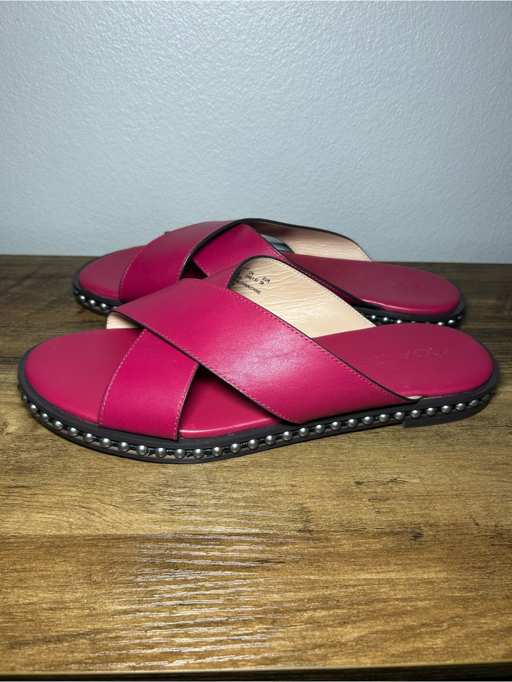 Coach Hot Pink Cross-Strap Pearl-Trim Slide Sandals